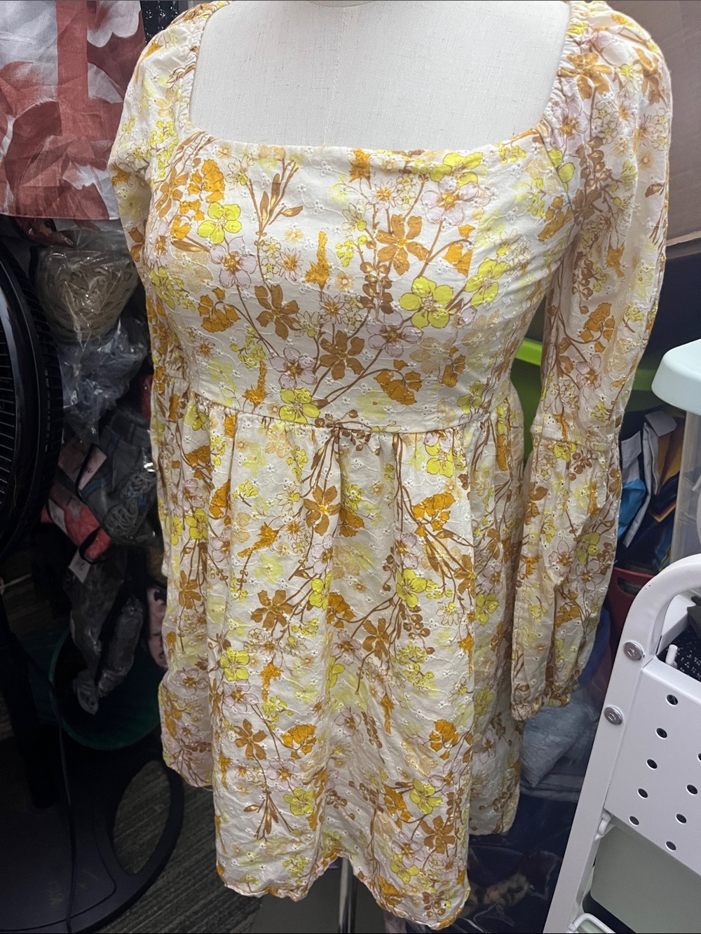 Forever 21 Cream Floral Square-Neck Mini Dress with Yellow Accents Eyelet Dress